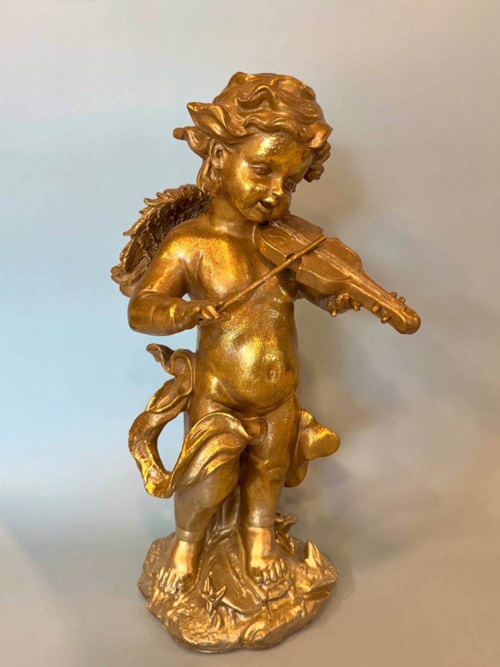 Vintage-Style Gold Cherub Angel Statue Playing Violin Resin Decor 15.5” Large